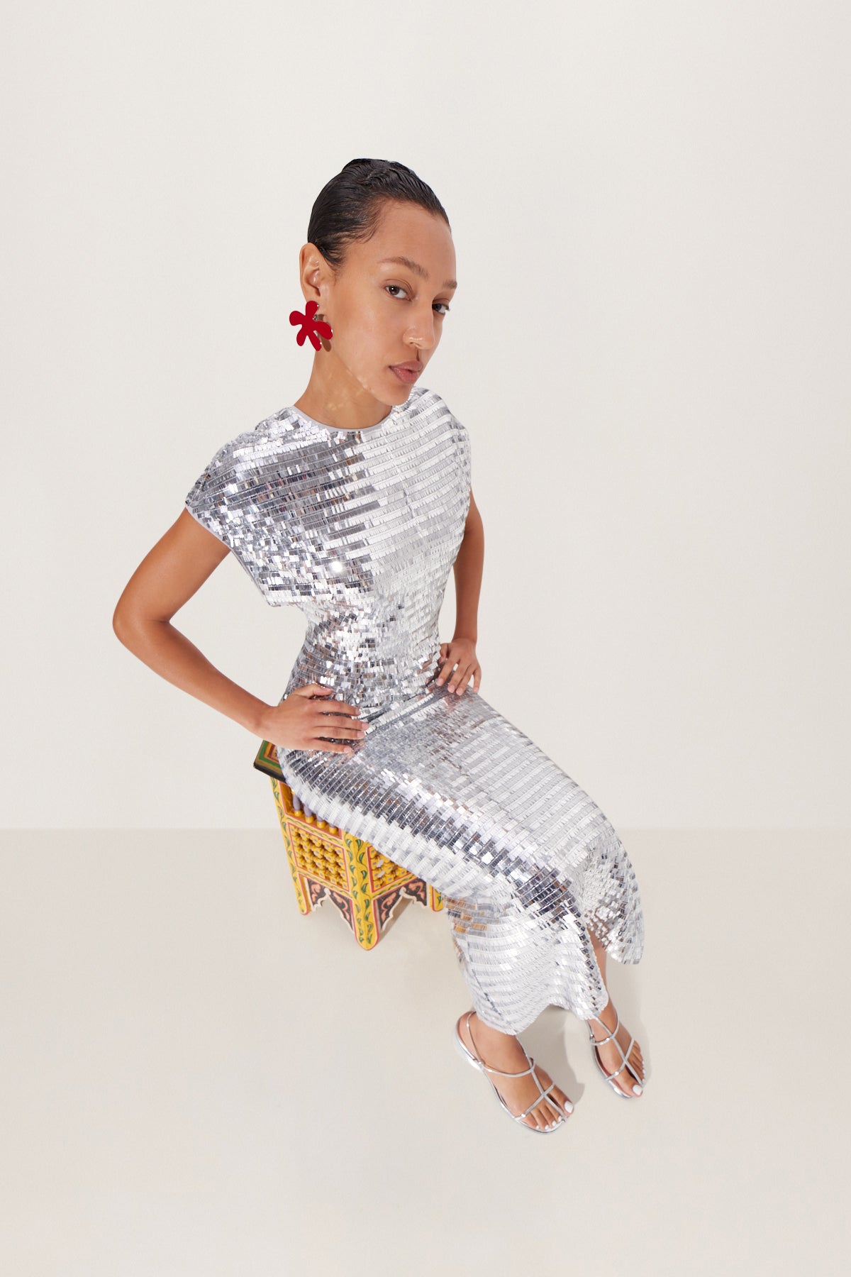 W4450-ARGAN-SEQUIN-DRESS-SATELLITE-SILVER-FULL-BODY-SHOT-ANGLED-DOWN