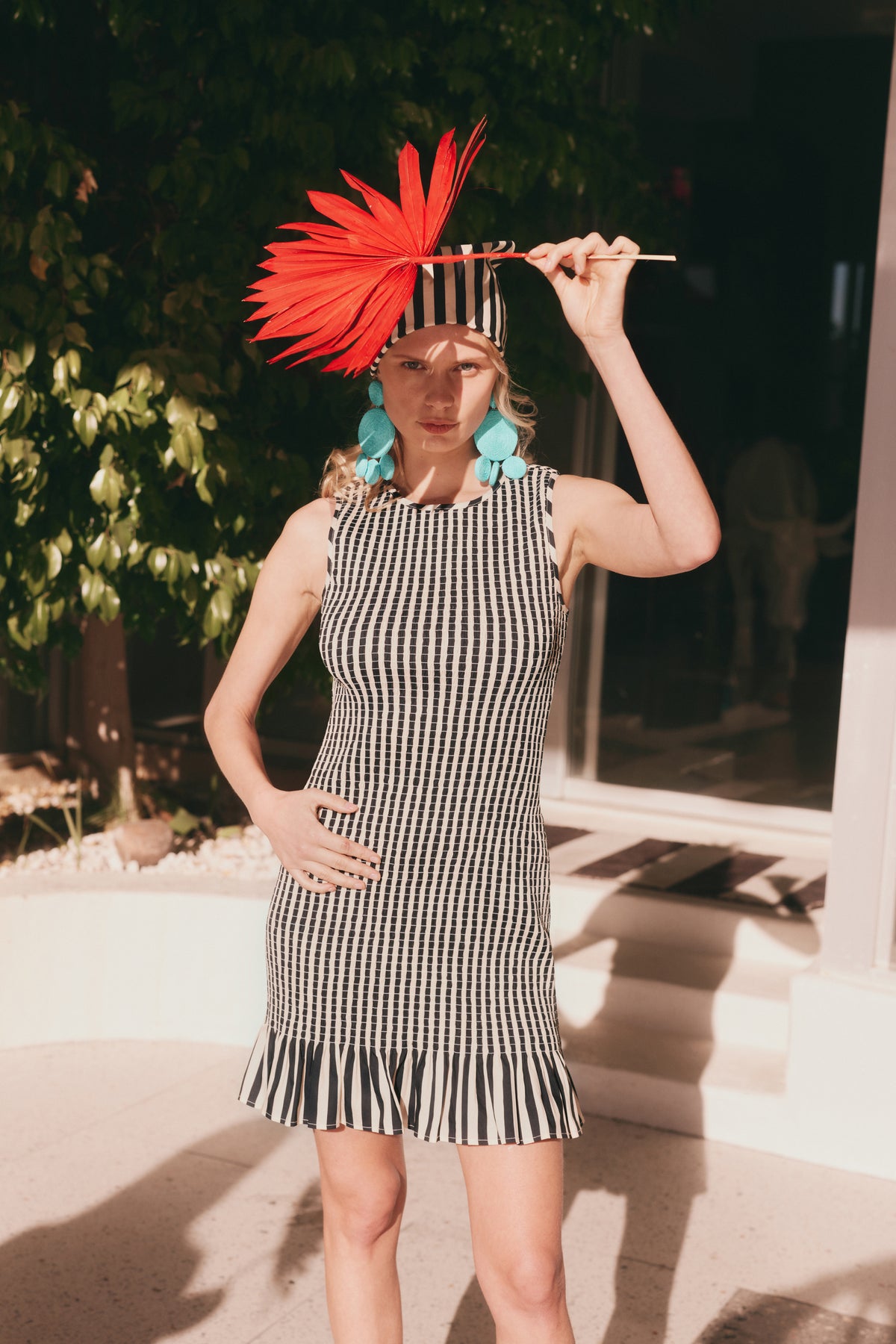 Belle Smocked Mini Dress in Black/White Stripe