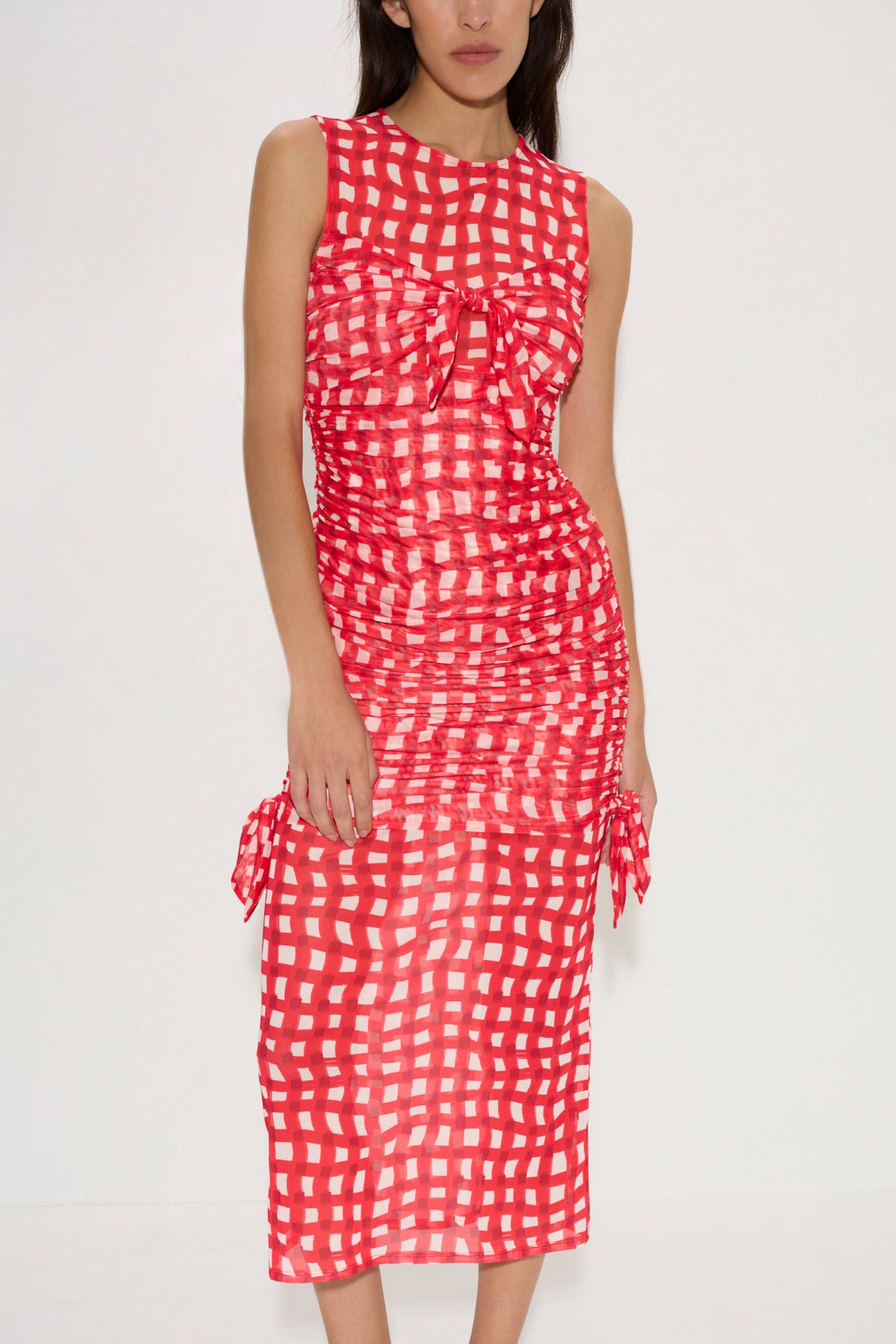 Sonora Mesh Midi Dress in Cherry Red Wavy Gingham