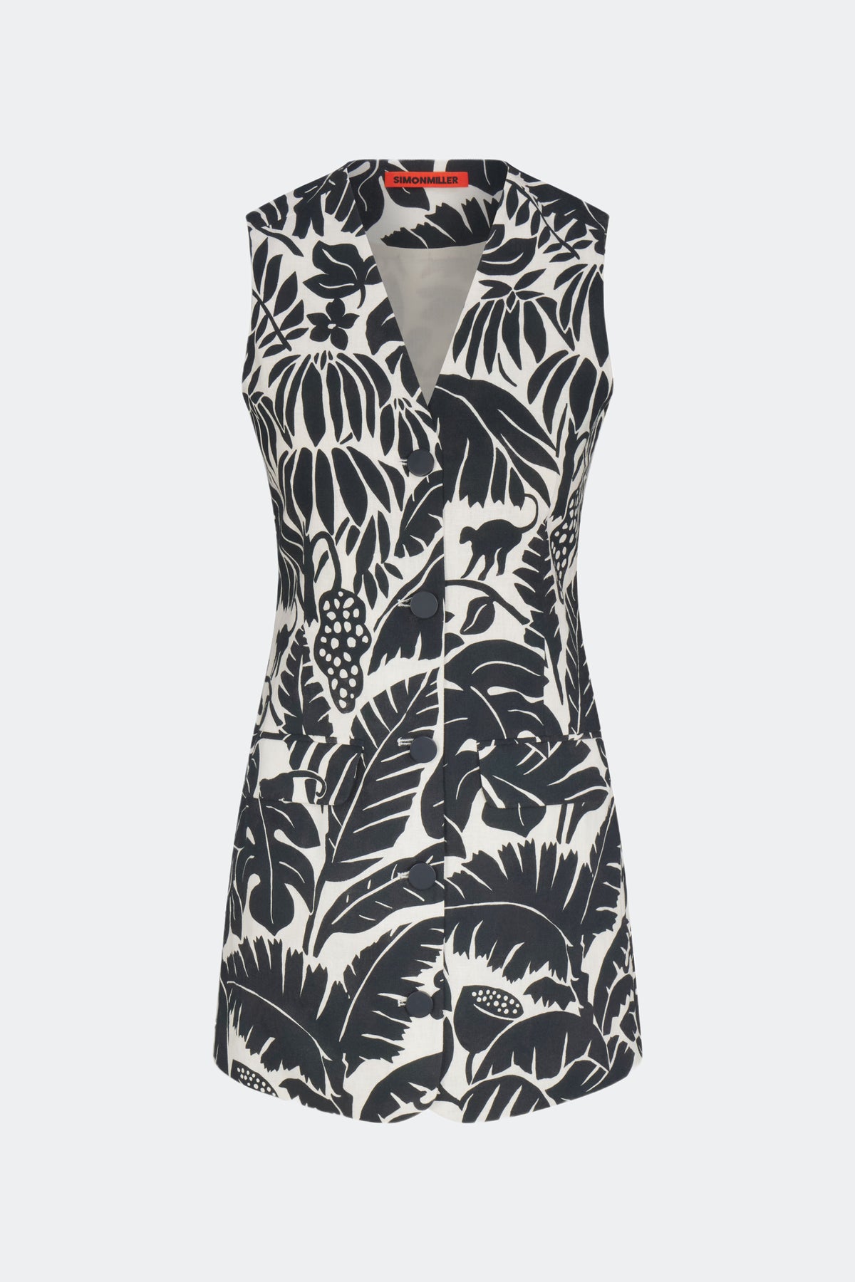 Carob Printed Linen Mini Dress in Black/Macadamia Acapulco Print