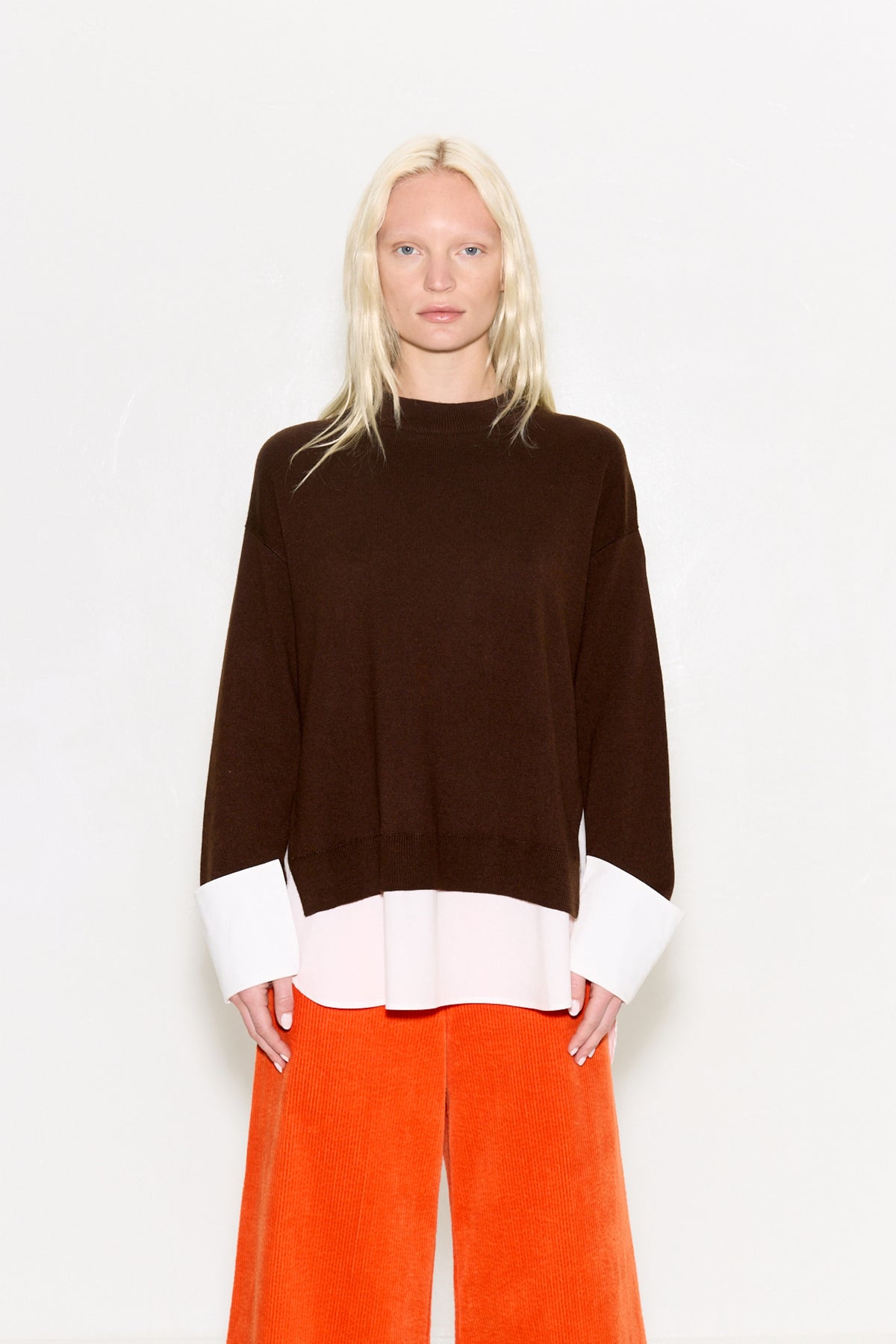 Pip Poplin Combo Sweater in Choco Brown / Macadamia